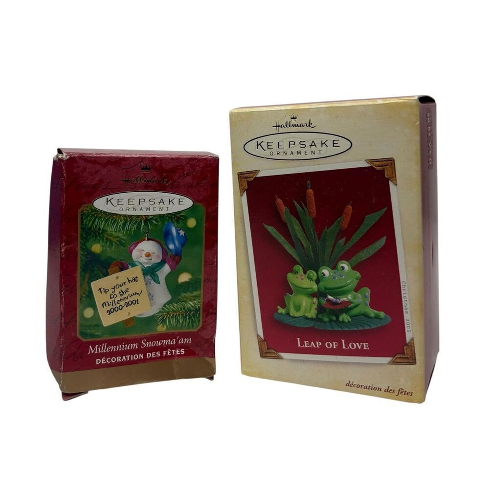 Hallmark Keepsake Ornament Lot – Millennium Snowman & Leap of Love Frogs Boxes